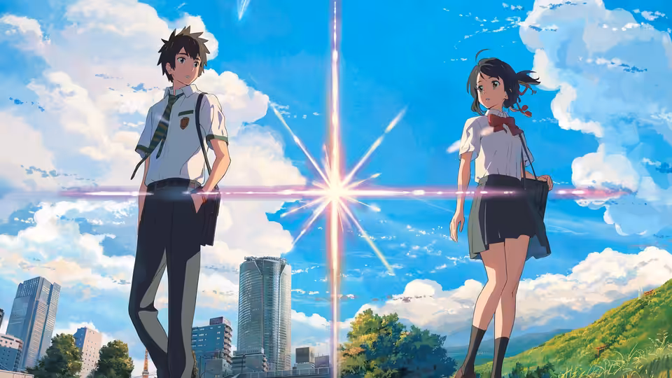 Taki Tachibana (Ryunosuke Kamiki) and Mitsuha Miyamizu (Mone Kamishiraishi) stand on a hill under a bright light