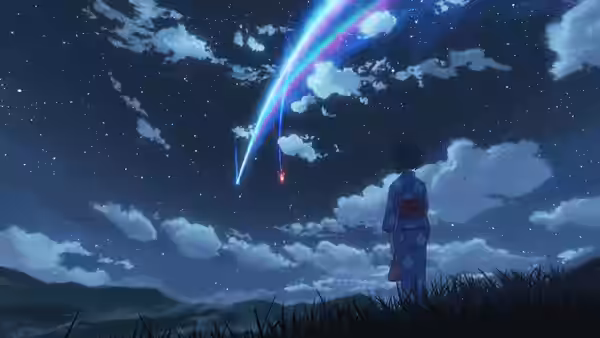 Mitsuha Miyamizu (Mone Kamishiraishi) in a yukata watches a comet streak across the night sky