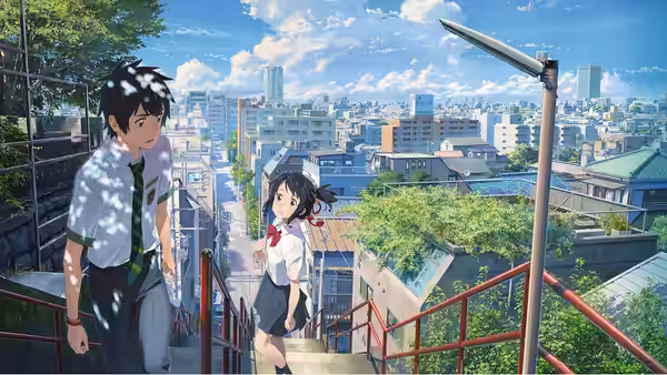 Taki Tachibana (Ryunosuke Kamiki) and Mitsuha Miyamizu (Mone Kamishiraishi) descend outdoor stairs overlooking a city