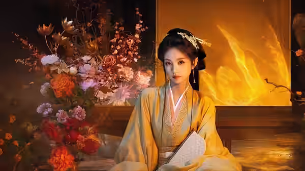 A woman in a yellow robe sits holding a folded fan beside flowers and a glowing screen