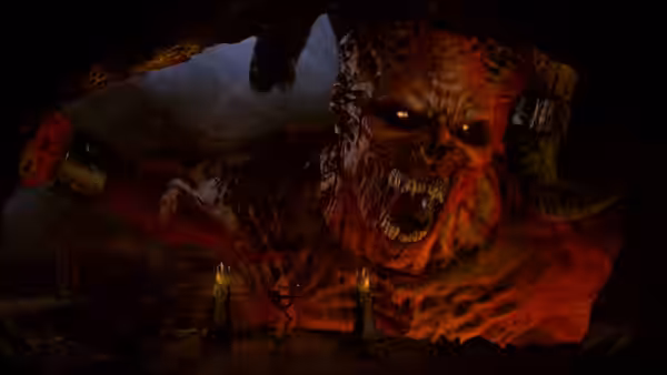 A monstrous horned creature looms over two figures in a dark cavern