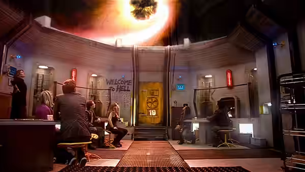 Crew members gather in a circular control room beneath a glowing opening in the ceiling