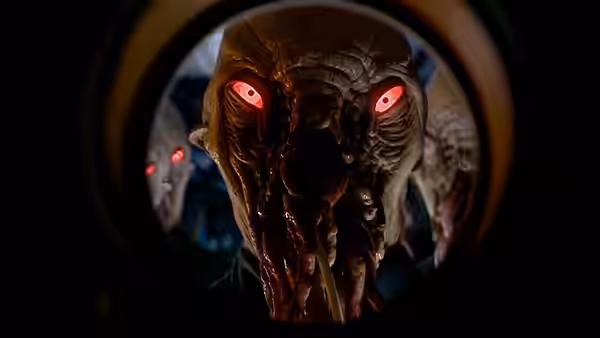 A red-eyed Ood peers through a circular opening, with another Ood behind it