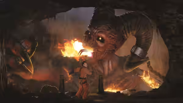 A lone figure faces a gigantic horned creature amid flames inside a cavern