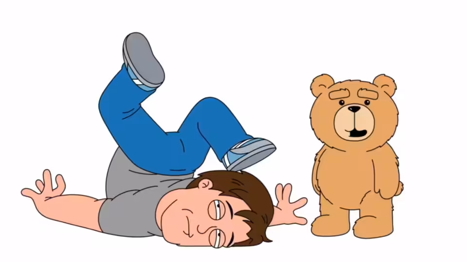 Ted stands beside a man sprawled on his back with his legs raised