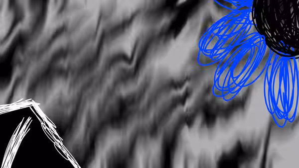 Blue scribbles circle a black oval above a blurred grayscale background, with white angular lines at left