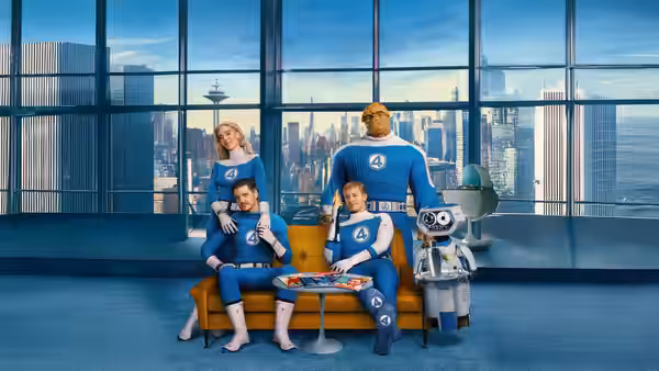 Reed Richards, Sue Storm, Ben Grimm and Johnny Storm on a yellow couch