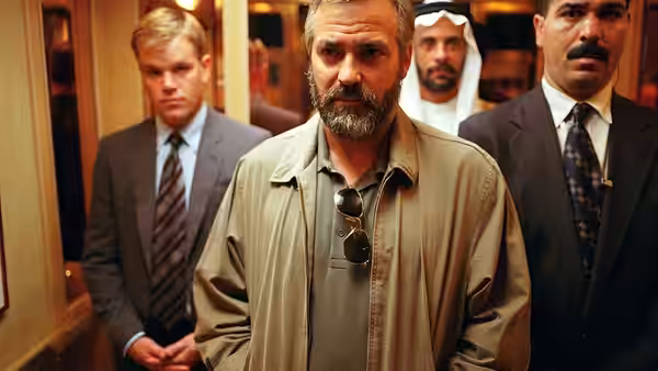 Bob Barnes (George Clooney) stands with suited officials and an Arab man in traditional dress