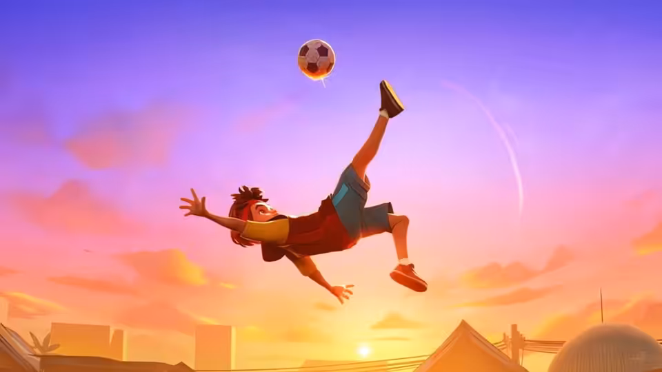 A boy launches into an overhead kick as a soccer ball arcs above him at sunset