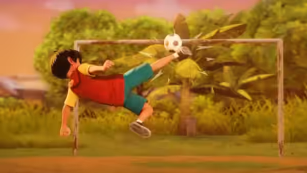 A boy performs a bicycle kick in front of a soccer goal at sunset