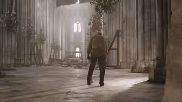 A man walks through a vast cathedral toward a distant shaft of light
