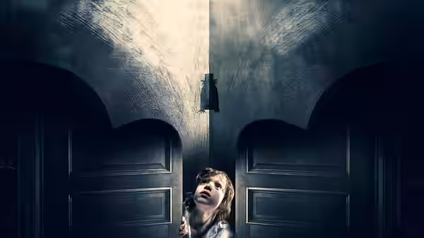 Samuel (Noah Wiseman) looking up at large wooden double doors