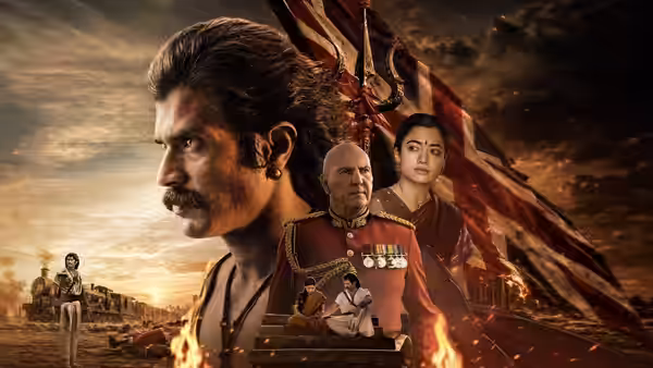 Ranabaali (Vijay Deverakonda) looks across a battlefield, with an officer, a woman and soldiers beneath a flag