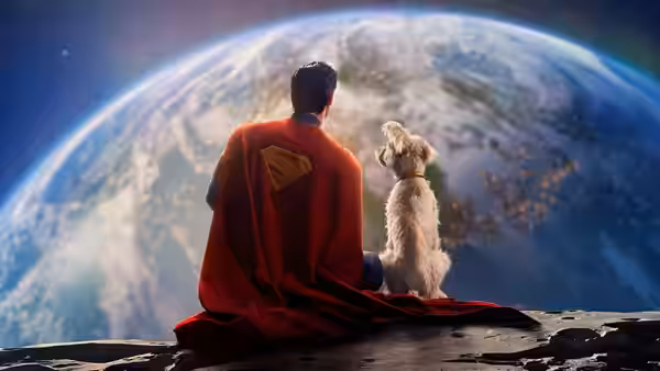 Superman sits beside a small white dog on a rocky ledge overlooking Earth