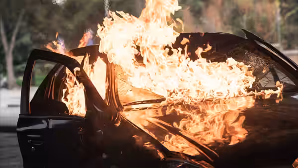 Flames engulf a car parked beside a wooded road