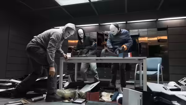 Three masked figures search through scattered equipment around a table in a dark office