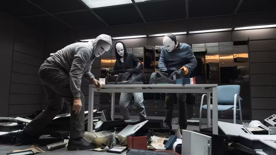 Three masked figures search through scattered equipment around a table in a dark office