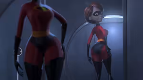 Elastigirl (Holly Hunter) studying her reflection in a circular doorway