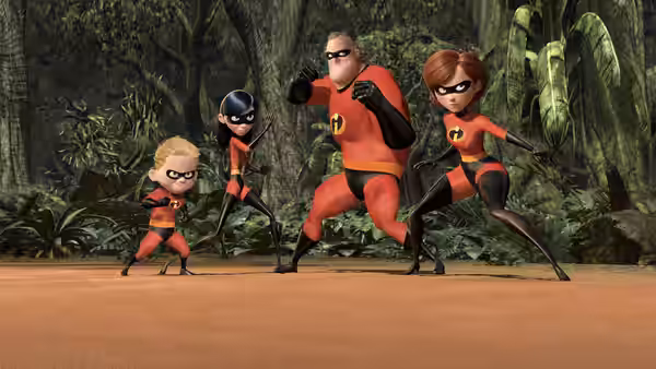 Mr. Incredible (Craig T. Nelson) with Elastigirl, Violet and Dash ready in a jungle clearing