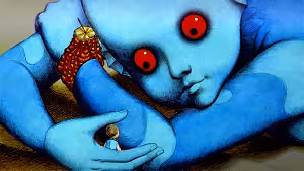 A giant blue Draag holds a tiny Om in its palm