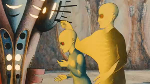 A tall yellow Draag stands behind a smaller Draag beneath a control panel