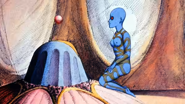 A blue Draag sits on a ledge beside a massive tree trunk