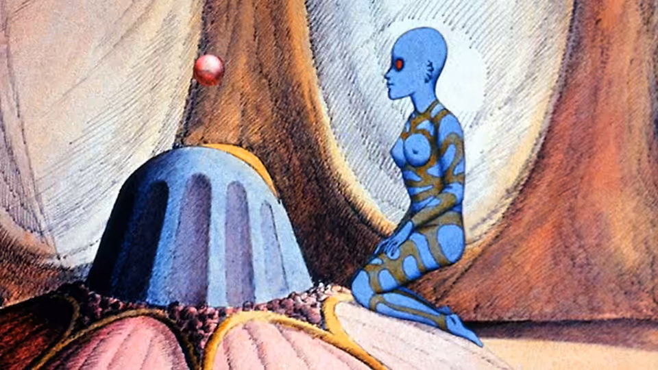A blue Draag sits on a ledge beside a massive tree trunk