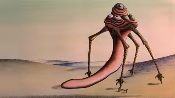 A long-tongued alien creature walks across a barren plain