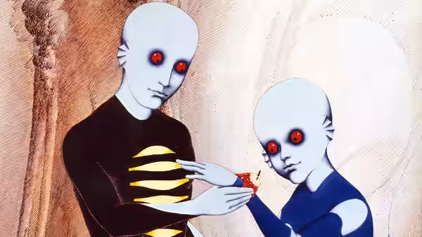 Two pale Draags touch hands beside a red mark on the wrist