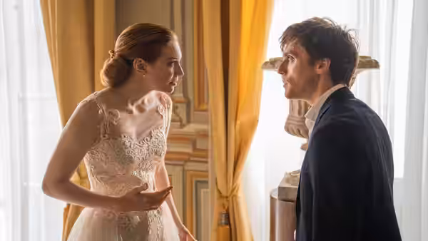 Hayley (Eleanor Tomlinson) confronts Jack (Sam Claflin) in her wedding dress