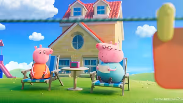 Two animated pigs relax in deck chairs on the lawn outside a house