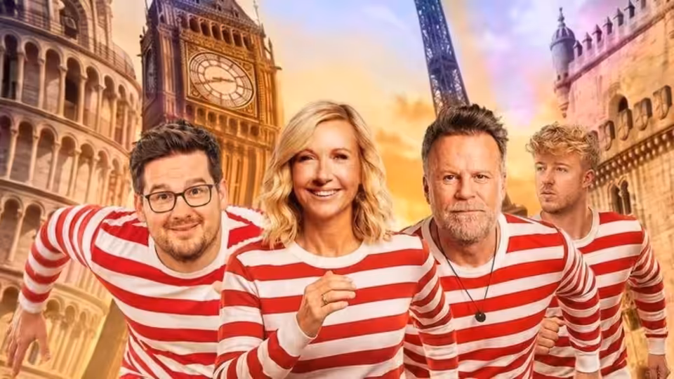 Four people in red-and-white striped shirts pose before a collage of European landmarks