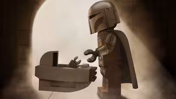 The Mandalorian stands in a stone archway beside a floating cradle carrying Grogu