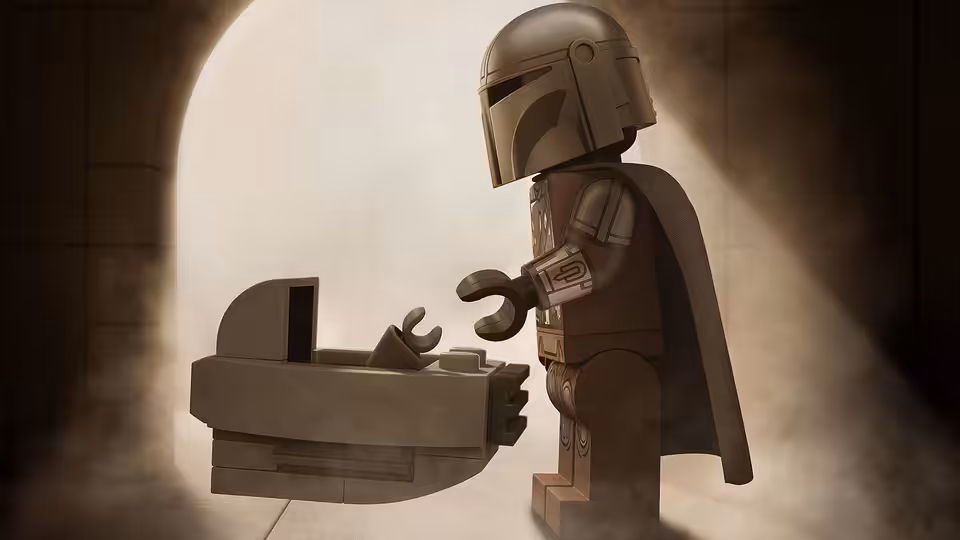 The Mandalorian stands in a stone archway beside a floating cradle carrying Grogu