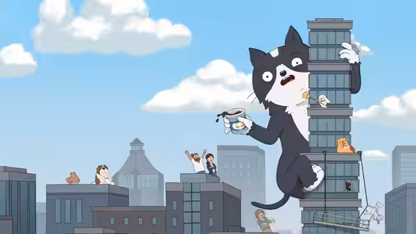 Kevin (Jason Schwartzman) juggles food and a drink while towering over city rooftops