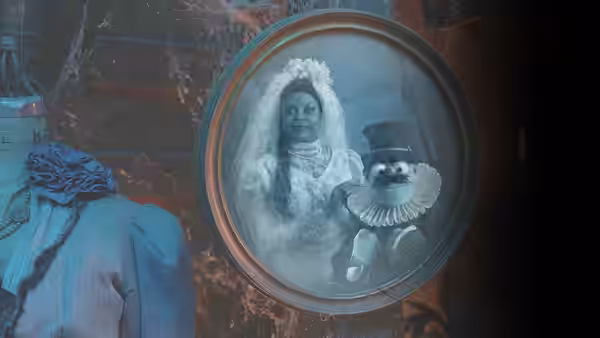 A ghostly bride and a top-hatted figure appear inside an oval portrait