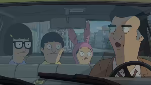 Bob Belcher drives while Tina, Gene, and Louise sit silently in the back seat