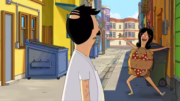 Gene Belcher watches Linda Belcher dance beside a dumpster on a narrow street