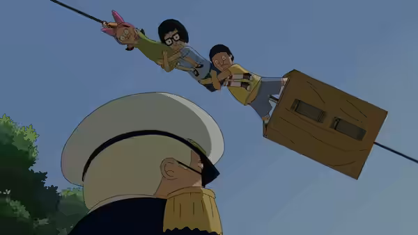 Louise and Tina Belcher zip along an overhead cable above a man in a white hat