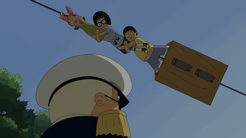 Louise and Tina Belcher zip along an overhead cable above a man in a white hat