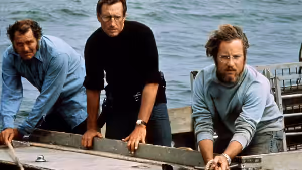 Brody, Quint and Hooper lean over the side of a boat at sea