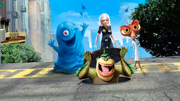 Ginormica and the other monsters gather on a city street, with The Missing Link popping from a manhole