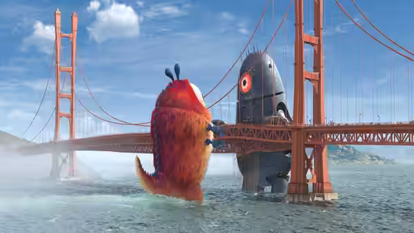 The Missing Link and a towering robot face each other in the water beneath the Golden Gate Bridge