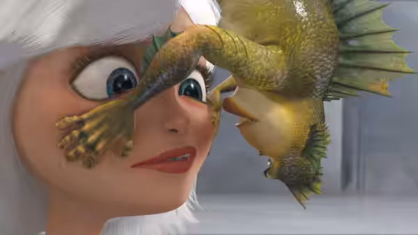 Ginormica looks startled as a small green creature clings across her face