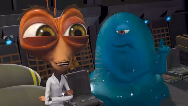 Dr. Cockroach and B.O.B. stand together in a control room, holding a laptop