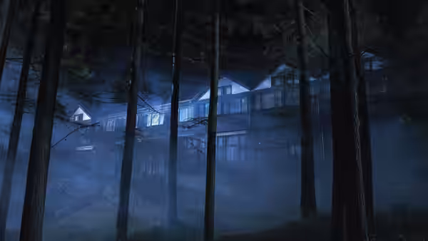 A large building stands among dark trees as mist drifts through the forest
