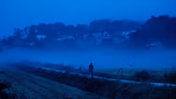 a lone figure stands in a misty field with a village beyond
