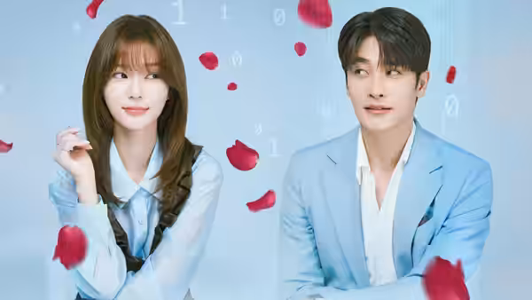A woman gestures beside a man who looks toward her as red petals drift