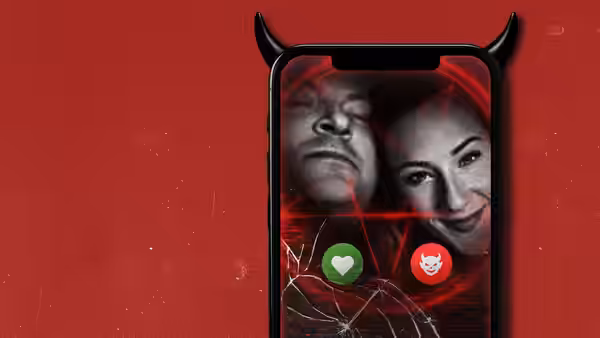 A smartphone displays a man and woman above heart and devil dating-app buttons