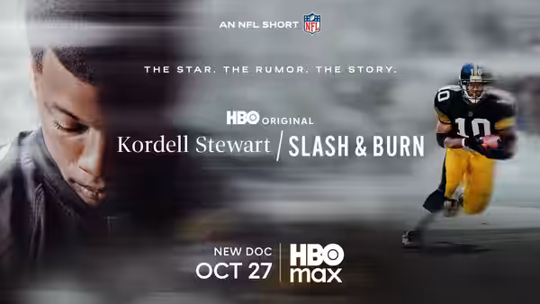 Kordell Stewart (Kordell Stewart) appears in close-up beside himself running with a football in Steelers uniform